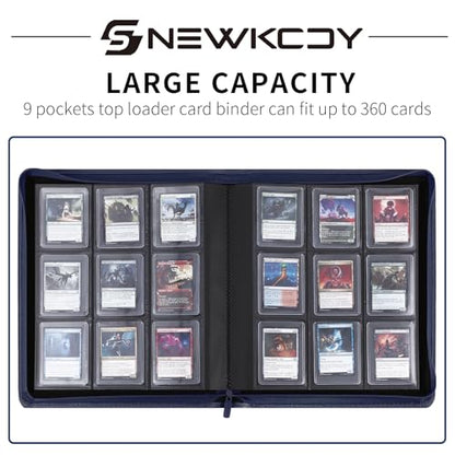 Snekdy Top loader Binder, 9 Pockets Top Loader，Holds 360 Top Loaders cards, Card binder with Sleeves for card in 3 x 4 inches color smooth Zipper PU Leather (Blue) - color: Blue
