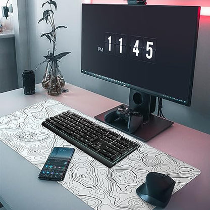 Topographic Large Gaming Mouse Pad,White Mouse Pad Gaming Mouse Mat Desk Pad,31.5 x 11.8 Desk Mat Minimalist Mouse Pads for Desk,Extended White Keyboard Mousepad with Non-Slip Base and Stitched Edge - color: White Topographic Contour