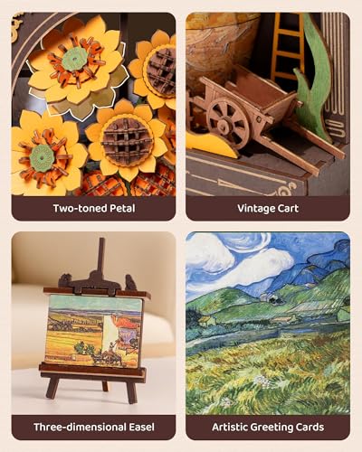 3D Wooden Puzzles for Adults - Van Gogh Golden Sunflower DIY Model Building Kits with LED Light - Gifts for Mothers Day - Home Decor, Wall Art & Unique Creative Gifts for Art Lovers/Men/Women - style: Golden Sunflower