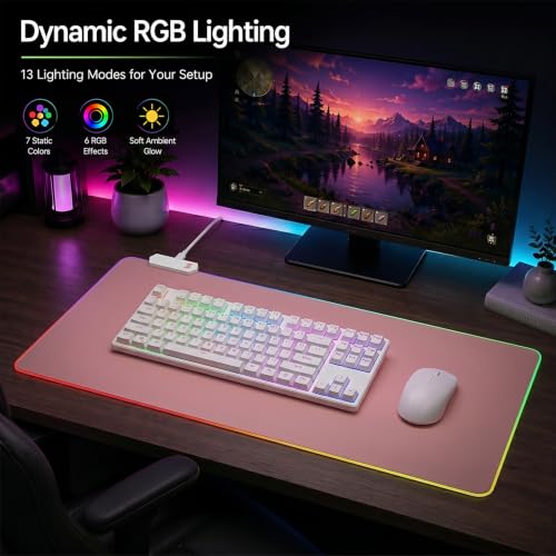 Pink RGB Gaming Mouse Pad, 35.4 × 15.7 Inch XXL Mouse Pad for Desk, 13 Light Modes, Non-Slip Rubber Base, Waterproof, for PC Laptop Office Gaming Use - color: Pink 35.4 ×15.7‘’