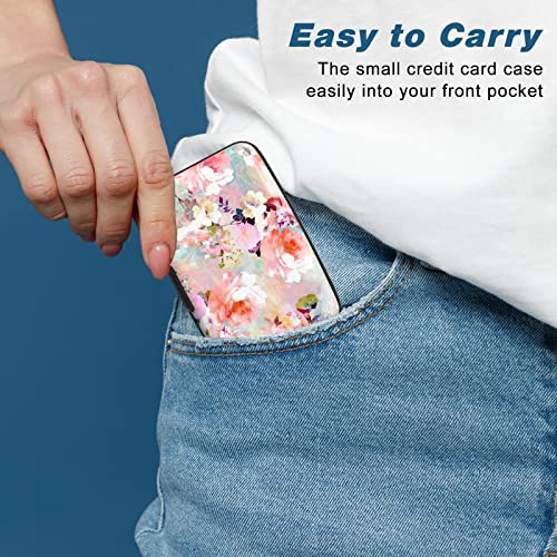 Credit Card Holder, Mini Aluminum Card Wallet RFID Blocking Slim Metal Hard Card Case for Women Men, Pink Flowers - color: Pink Flowers