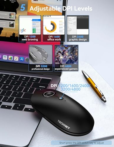 TECKNET Wireless Mouse, 2.4G Computer Mouse for Laptop, 4800 DPI Silent Mouse with USB Receiver, Slim Portable Travel Mouse Compatible with MacOS Windows Android PC Chromebook, 18 Months Battery Life - color: Black & Grey