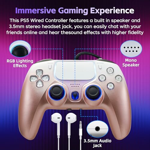 DOYO Wired PS5 Controller, Gaming Controller for PlayStation 5, PC/Steam, PS4 with Dual Vibration, Turbo, Hall Effect Trigger, 3.5mm Audio Jack, 6-Axis Motion Control Gamepad - color: Rose Gold-Wried