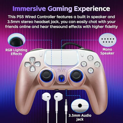 DOYO Wired PS5 Controller, Gaming Controller for PlayStation 5, PC/Steam, PS4 with Dual Vibration, Turbo, Hall Effect Trigger, 3.5mm Audio Jack, 6-Axis Motion Control Gamepad - color: Rose Gold-Wried