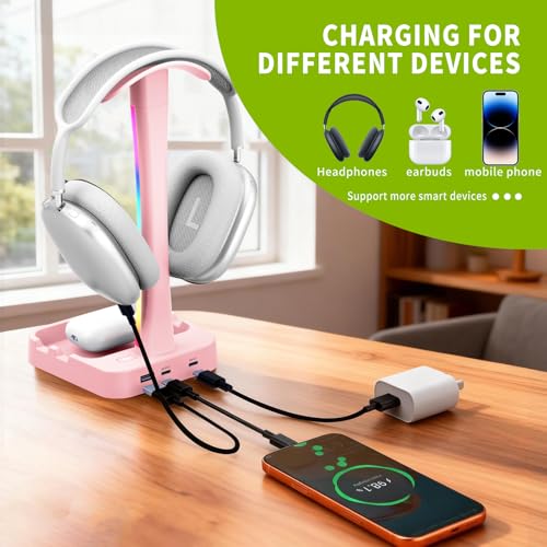 Headphone Stand with Charger,Gaming Headset stand with RGB Light Mode,For Airpod Max Stand,Desk Lamp,Phone Holder,Tablet Holder,desktop organizer,Gifts for Gamers & Music Lover (Pink) - color: Pink