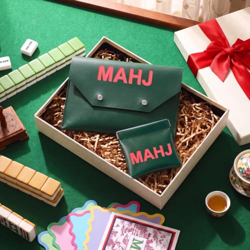 2 Pcs Leather Mahjong Card Bag Clutch Pouch Holder with PU Squeeze Dice Bag Mahjong Accessories Protector Cover Case for MAHJ Lover Playing Game Night (Dark Green) - color: Dark Green