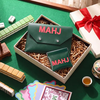 2 Pcs Leather Mahjong Card Bag Clutch Pouch Holder with PU Squeeze Dice Bag Mahjong Accessories Protector Cover Case for MAHJ Lover Playing Game Night (Dark Green) - color: Dark Green