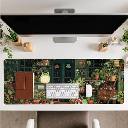 Cute Frog Kawaii Green Mouse Pad Desk Mat XL Extended Large Gaming Desk Pad Mousepad, Green Plant Computer Laptop Keyboard and Mouse Mat, Desktop Protector Mat for Office and Home 31.5x11.8 in - color: Green Bean Frog