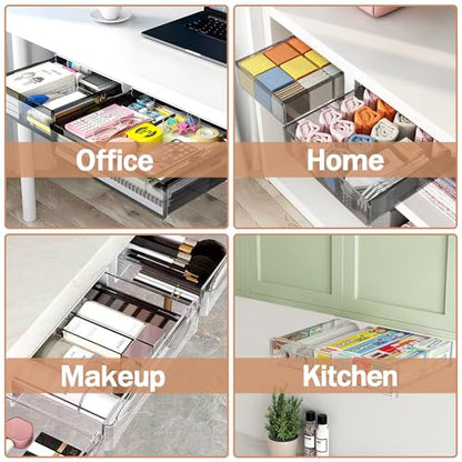 SVNNELP Under Desk Table Drawer Storage Organizer,2 Pack Large & Medium Slide Out Desk Drawers - Hidden Desktop Organizer,Attachable Pencil Storage Tray Under Table(ML)
