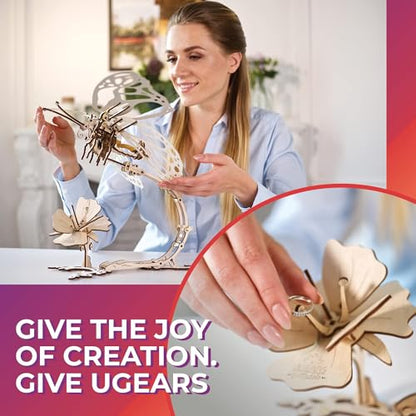 Ugears Wooden 3D Puzzles for Adults - Butterfly Puzzle Mechanical Model Kit - 3D Wood Puzzles Adult Automaton - Kinetic Sculpture Models for Adults to Build Butterfly Kit DIY Miniature Kit - 161 Pcs - style: Butterfly