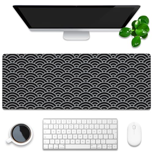 Desk Pad, Black and Silver Fan-Shaped Waves Extended Gaming Mouse Pad Large, 31.5"x11.8" Big Mouse Pad with Non-Slip Base and Stitched Edge, Long Computer Keyboard Mouse Mat for Home Office Work - color: Silver Black Waves, size: 31.5"x11.8"