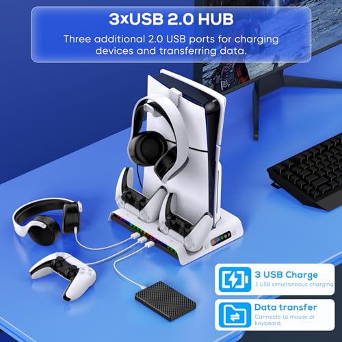 FASTSNAIL Cooling Station with Controller Charger for PS5/Slim/Pro Console | Vertical Cooling Stand, Fast Charger 2 Controllers, 3 Efficient Fans, 9 RGB Light Modes, Headset Hook for PS5 Accessories Kit