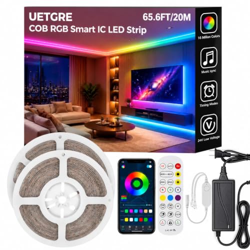 65.6ft COB RGB+IC LED Strip Lights, Bright Dream Color COB LED Light Strip with RF Remote App Control Music Sync Color Changing for Game Room Bedroom Kitchen Lighting Home Decor（2 Rolls） - color: 65.5FT COB RGB IC