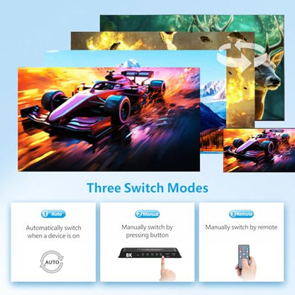 8K HDMI Switch 4 in 1 Out 4K@120Hz HDMI Switcher Support HDR10+, Dolby Vision, Dolby Atmos, VRR, ALLM, CEC