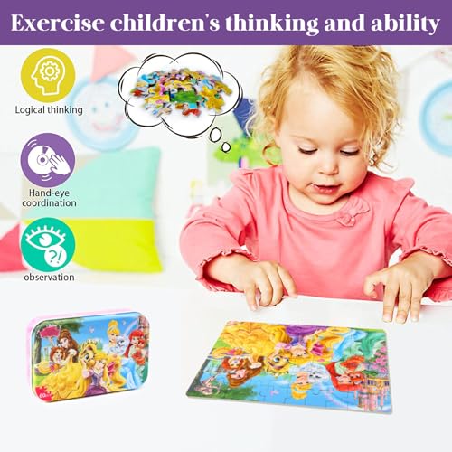 MZZOTOY Princess Puzzles for Kids Ages 4-8, 60 Pieces for Kids Ages 3-5 Princess Puzzle for Girls and Boys Toys Jigsaw Puzzles in a Metal Box Educational Puzzles (Princess) - color: Princess