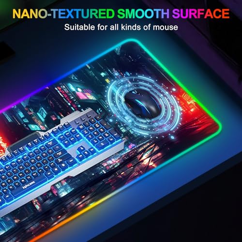 ARTSO RGB Gaming Mouse Pad Large, Extended Soft Led Mouse Pad with 14 Lighting Modes 2 Brightness, Water Resist Keyboard Pad, Computer Mousepads Mat 35.4x15.7inch, Night City - color: Night City