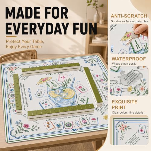 Summer Garden Mahjong Mat with Rules Non-Slip Noise Reduction Gaming Mats with Carrying Bag, American Mahjong Table Cover for Poker Board Card Games Dominoes, 31.5” x 31.5” - color: Summer Mahjong Garden
