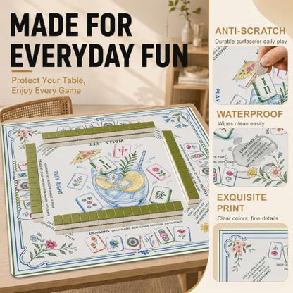 Summer Garden Mahjong Mat with Rules Non-Slip Noise Reduction Gaming Mats with Carrying Bag, American Mahjong Table Cover for Poker Board Card Games Dominoes, 31.5” x 31.5” - color: Summer Mahjong Garden