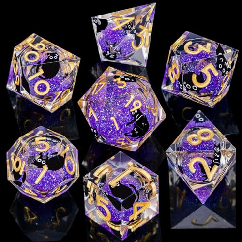 DND Cat Dice Set Purple Sharp Edge Dice with Box, RPG D and D Dice Dungeons Dragons Role Playing Game Polyhedral Resin Dice Set D20 D12 D10 D8 D6 D4 - color: Golden Purple