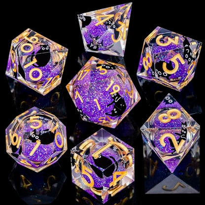 DND Cat Dice Set Purple Sharp Edge Dice with Box, RPG D and D Dice Dungeons Dragons Role Playing Game Polyhedral Resin Dice Set D20 D12 D10 D8 D6 D4 - color: Golden Purple