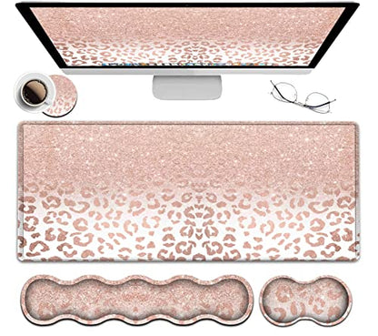 Large Mouse Pad and Gel Mouse Wrist Rest+ Memory Foam Keyboard Wrist Rest Support Set, Non-Slip Rubber Base for Office,Home,Computer, Extended Gaming Mousepads XXL Leopard Star Pattern Pink Desk Mat - color: JV-mouse pad-8-17