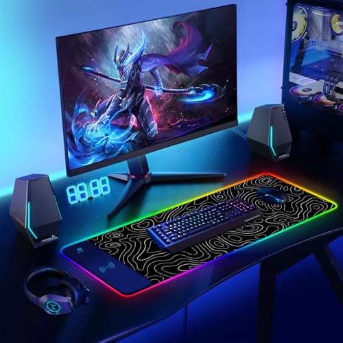 ToLuLu RGB Wireless Charging Gaming Mouse Pad, 7.5/10/15W 10 Light Modes LED Mouse Pad Computer Keyboard Mat Mousepad, 800x300x4MM Extended Large Desk Pad for Gamer, Black and White Abstract Lines - color: Black and white Abstract Lines