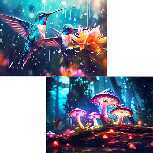 Edsjegn 2 Pack 1000 Piece Puzzle for Adults Jigsaw Puzzles 1000 Pieces 2000 Piece Puzzles for Adults Hummingbird Mushroom Jigsaw Puzzles White Elephant Gifts - color: Hummingbird + Mushroom