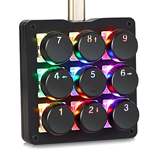 Koolertron One Handed Macro Mechanical Keyboard,RGB LED Backlit Portable Mini Gaming Keypad OSU! Keyboard 9 Fully Programmable Keys Blue Switches with Retro Classic Typewriter Round Keycaps
