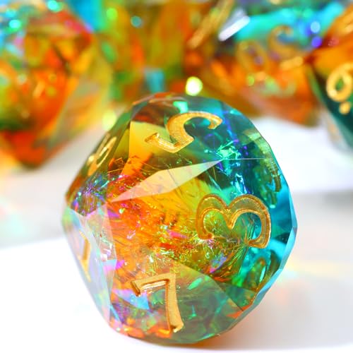 XENOLUX DND Dice Set Polyhedral Resin Dice with Diamond Cut Sharp Edges Holographic Foil Faceted Gemstone Two Color Mixed RPG TTRPG Board Games Tabletop Accessories with Metal Case - RD-Mixed2 - color: Rd-mixed 2