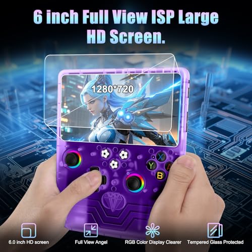 R60 Max Handheld Game Console, 128GB Retro Gaming Console with 40000+ Games, 6-Inch IPS Screen, Linux System, RGB Joysticks, 6000mAh Rechargeable Portable Gaming System (Transparent Purple) - color: Transparent Purple