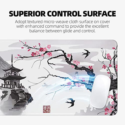ETZ Japanese Cherry Blossom Mouse Pad XL, 31.5x11.8 | Sakura Pink Floral Art, Stitched Edges, Non-Slip Rubber Base, Large Desk Mat, Smooth Tracking, Waterproof, 3mm Thick - color: Ink Drawing Mouse Pad - 1