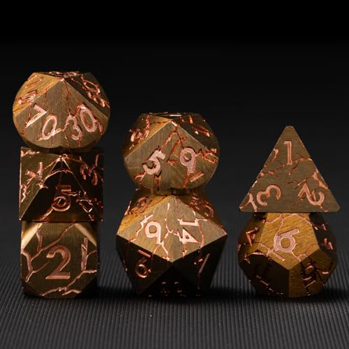 DND Dice Set Metal,Polyhedral D&D Metallic D and D Dice with Cracks for Dungeons and Dragons RPG TTRPG 7-Die Set with Gift Case (Red-Copper) - color: Red-copper