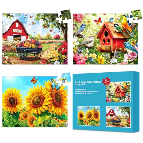 3 Pack 48 Large Piece Puzzles for Seniors, Dementia Alzheimer's Products Activities for Elderly Adults,Alzheimer’s Puzzle Memory Cognitive Games Easy Jigsaw Puzzle Gifts with 3 Storage Bags - style: 48 Large Pieces