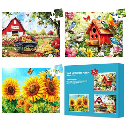 3 Pack 48 Large Piece Puzzles for Seniors, Dementia Alzheimer's Products Activities for Elderly Adults,Alzheimer’s Puzzle Memory Cognitive Games Easy Jigsaw Puzzle Gifts with 3 Storage Bags - style: 48 Large Pieces
