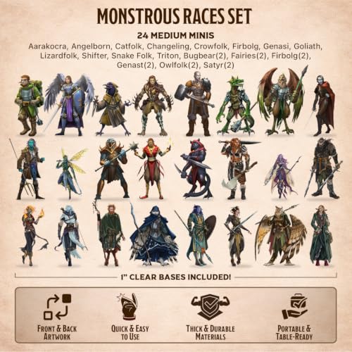 Skinny Minis Monstrous Races Miniatures Set, 24 Medium Flat Minis with Bases, Fantasy Monster Minis for Tabletop Game RPG Campaigns, DND Compatible, TTRPG 5e & Pathfinder Minis