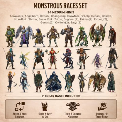 Skinny Minis Monstrous Races Miniatures Set, 24 Medium Flat Minis with Bases, Fantasy Monster Minis for Tabletop Game RPG Campaigns, DND Compatible, TTRPG 5e & Pathfinder Minis