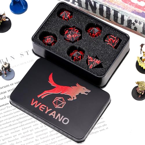 D&D Metal Dice - Sharp Edge Set with Cracks - Polyhedral for D&D RPG & Dungeons and Dragons - color: Matt Black Red