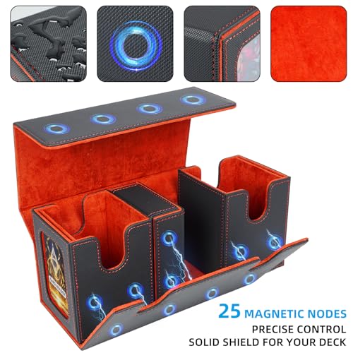 AFIING Mtg deck box with commander display- Fits 200 Double Sleeved Cards,3-in-1Card Deck Case,Strong Magnet Card Organizer For Magic Commander TCG CCG,4Dividers &2 Toploaders, Black/Red - color: Black Red