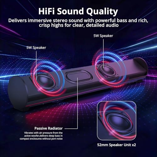 Computer Sound Bar with Detachable ENC Microphone, Enhanced Bass Gaming Soundbar, Bluetooth 6.0, USB-A Plug and Play, PC and Bluetooth Mode, 3EQ, 10 RGB Speaker for Gaming, Music,Meeting
