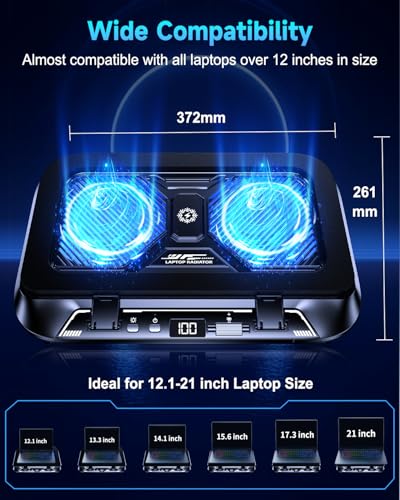 Laptop Cooling Pad with Dual Core Cooler, Gaming Laptop Cooler with 5.5in 2 Powerful Turbofan(9500 RPM), Fast Cooling Laptop 12-21in, 5 Height Stands, 100 Gear Speed, LCD Screen, RGB, Phone Holder