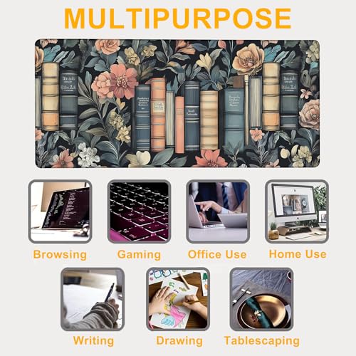 Large Mouse Pad Retro Books and Flower Waterproof Extra Large Mousepad with Stitched Edges Non-Slip Rubber Base Computer Protector Desk Pad for School Office Home 35.4"X 15.7" - color: Mystical Gothic Library