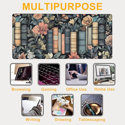 Large Mouse Pad Retro Books and Flower Waterproof Extra Large Mousepad with Stitched Edges Non-Slip Rubber Base Computer Protector Desk Pad for School Office Home 35.4"X 15.7" - color: Mystical Gothic Library