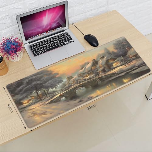 XXL Gaming Mouse Pad 35.4x15.7 inch, Christmas Art Rustic Landscape Theme Desk Mat, River Village Oil Painting Scene Large Mousepad，Fantasy Artistic Keyboard Mouse Mat (Northern Snowscape) - color: Northern Snowscape