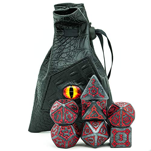 Cusdie 7 Pcs 25mm Giant Dice DND with Dragon Eye Dice Bag, Polyhedral Dice Set, D&D Dice for Pathfinder RPG (Black Red) - color: Black Red