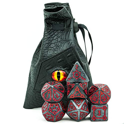 Cusdie 7 Pcs 25mm Giant Dice DND with Dragon Eye Dice Bag, Polyhedral Dice Set, D&D Dice for Pathfinder RPG (Black Red) - color: Black Red