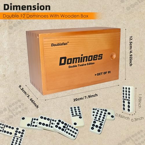 Doublefan Double 12 Dominoes for Adults, 91 Tiles with Prime Wood Case | For 2-8 players,91 Ivory Domino tiles, Metal spinners, portable wood case, family game, board game, Parent Gift choice - style: Double Twelve