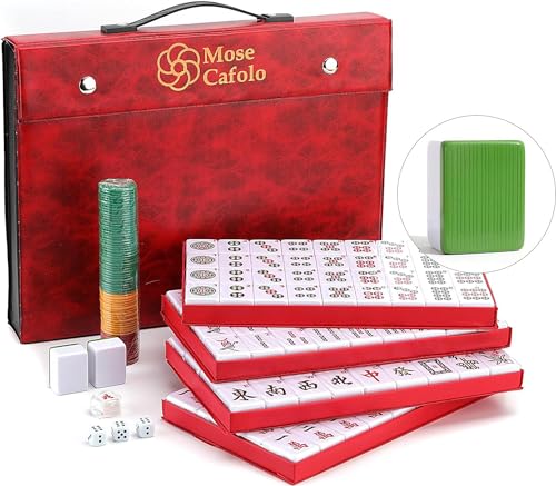 Mose Cafolo Professional Chinese Mahjong Game Set 146 Numbered Large Size Tiles with Carrying Travel Case, Complete Mahjong Tiles Set (Majiang, Mah-Jongg, Ma Jong) - color: Green Tile