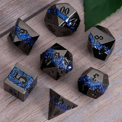 Unique Galaxy Metal DND Dice Set, 7PCS Polyhedral RPG Dice with Glitter River Design for Dungeons and Dragons Tabletop Games - color: Antique Nickel Dark Blue