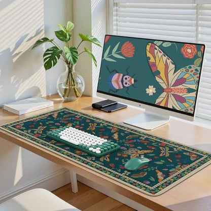 iCasso Desk Pad,Desk Matt for Desktop,Cute Mouse Pad,Green | Anti-Slip Large Mousepad with Stitched Edges,Keyboard Pad Mouse Mat for Home Office Work - color: Butterfly-green
