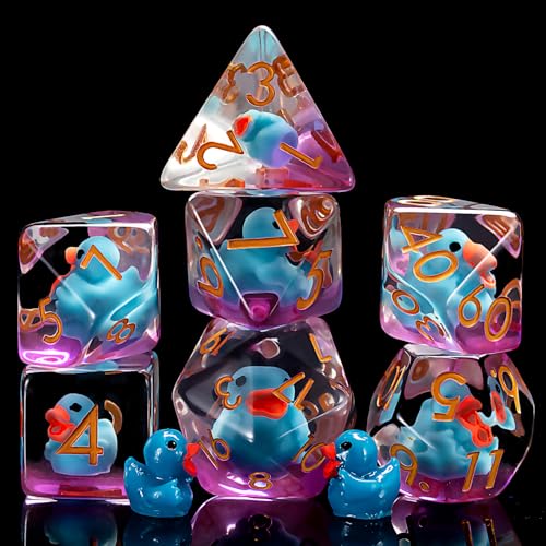 Resin DND Duck Dice Set, D&D Polyhedral Dice for Dungeons and Dragons RPG, MTG Role Playing Games D and D Dice 7pc D20 D12 D10 D8 D6 D4 - color: Blue Duck
